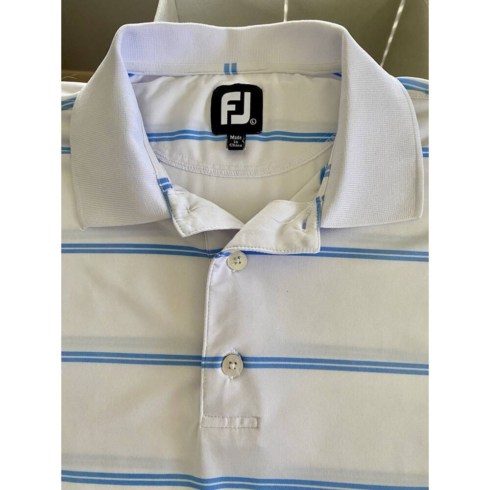 Foot Joy Men’s L  Polo Striped Golf Shirt White Blue Short Sleeve